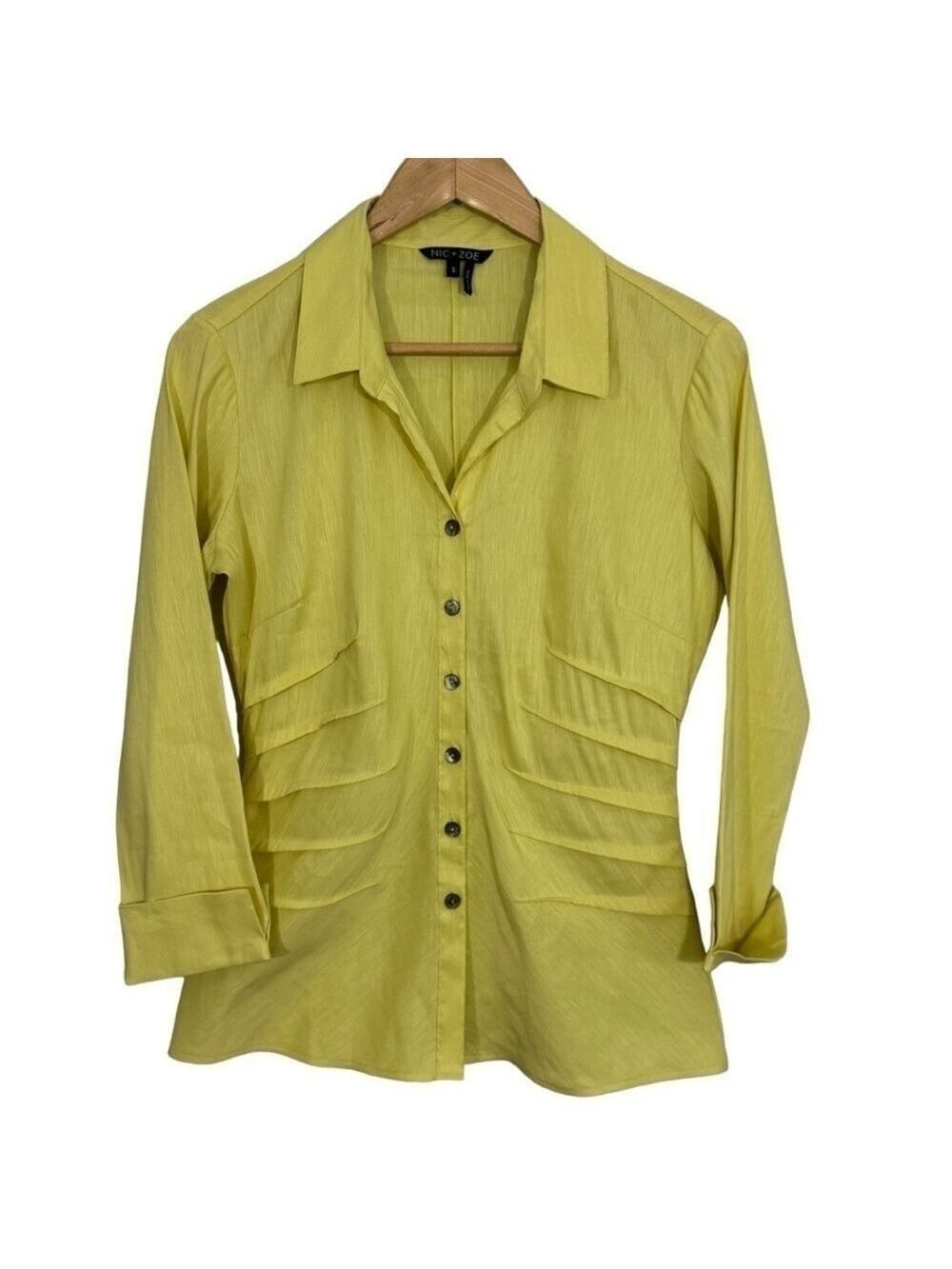 NIC+ZOE Linen Blend Shirt Sz S Green Button Up Blouse Classy Preppy Office EUC